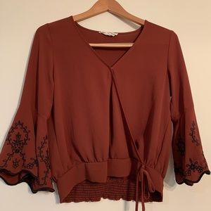V-neck, wrap blouse